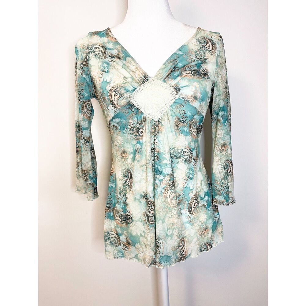 Vintage Xhilaration Y2K Paisley Crochet Bell Sleeve Top Medium Fairy Grunge